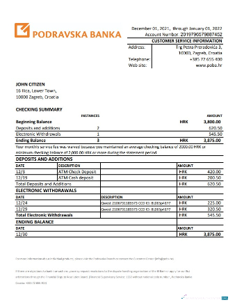 Download Croatia Podravska bank statement excel Photoshop template